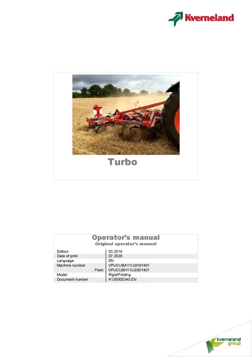Kverneland Turbo Cultivators shallow 2018 Operation Maintenance Manual PDF download
