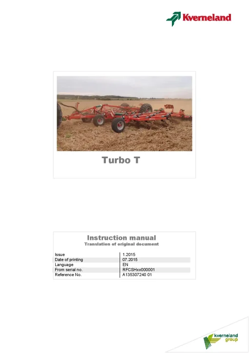 Kverneland Turbo T Cultivators shallow 2015 Operation Maintenance Manual PDF download