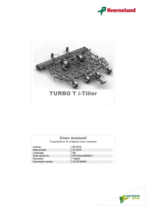 Kverneland Turbo T Cultivators shallow 2019 Operation Maintenance Manual PDF download