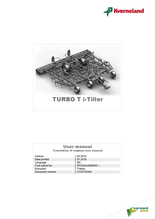 Kverneland Turbo T i-Tiller Cultivators shallow 2019 Operation Maintenance Manual PDF download