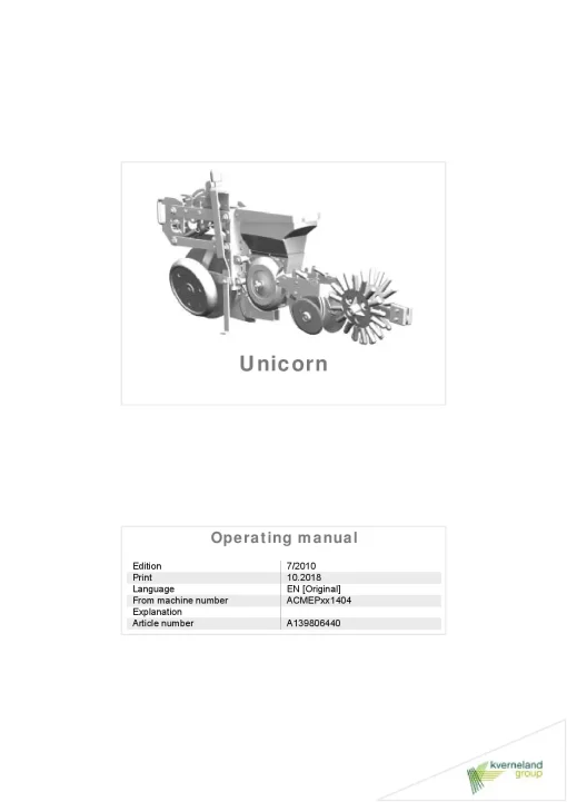 Kverneland Unicorn Precision drills 2018 Operation Maintenance Manual PDF download