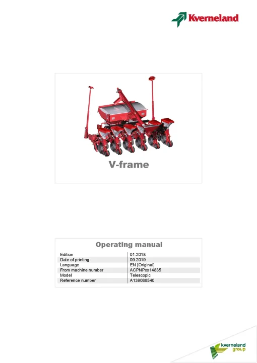 Kverneland V -Frame Precision drills Pneumatic 2018 Operation Maintenance Manual PDF download