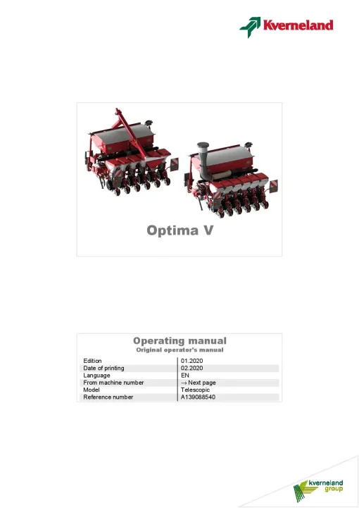 Kverneland V -Frame Precision drills Pneumatic 2020 Operation Maintenance Manual PDF download