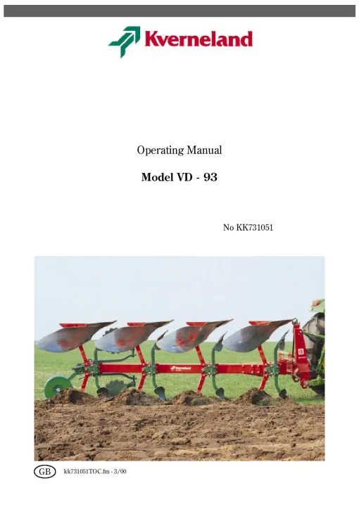 Kverneland VD-93 Ploughs Reversible Mounted 2000 Operation Maintenance Manual PDF download