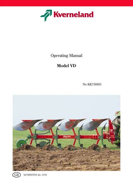 Kverneland VD Ploughs Reversible Mounted 2004 Operation Maintenance Manual PDF download