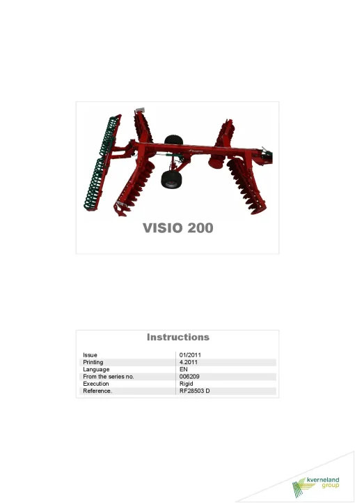 Kverneland VISIO 200 Disc Harrows 2011 Operation Maintenance Manual PDF download