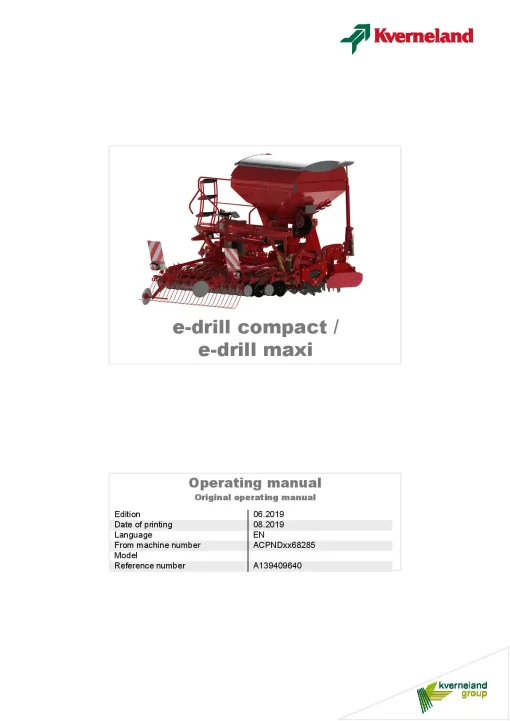 Kverneland e-drill compact -maxi seed Drill 2019 Operation Maintenance Manual PDF download