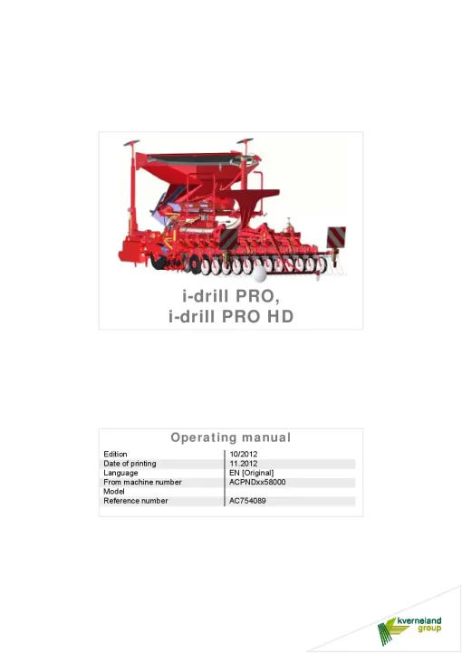 Kverneland i-drill Pro -HD seed Drill 2012 Operation Maintenance Manual PDF download