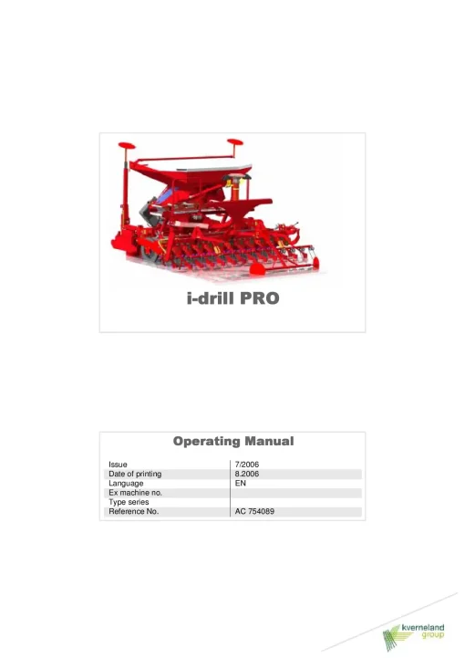 Kverneland i-drill Pro seed Drill 2016 Operation Maintenance Manual PDF download