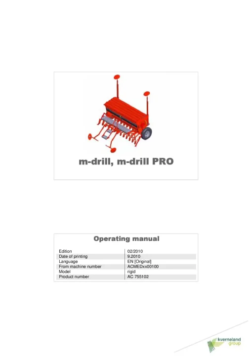 Kverneland m Drill -PRO Seed drills Mounted-trailed 2010 Operation Maintenance Manual PDF download
