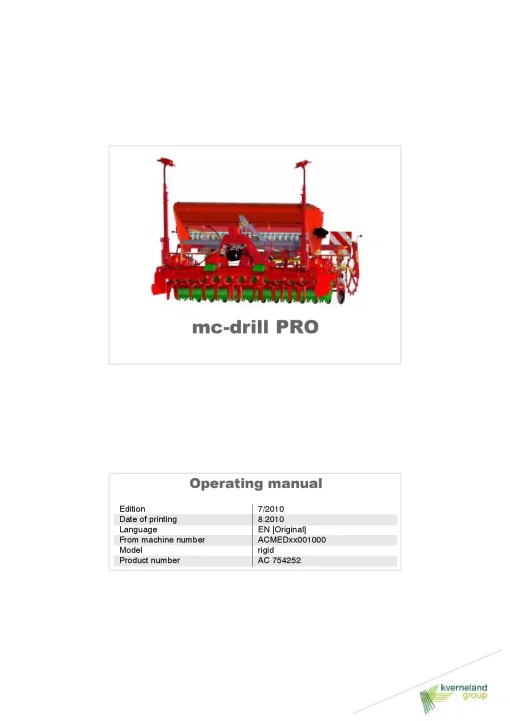 Kverneland mc-drill PRO Seed drills Cultivator mounted 2010 Parts Manual Catalog Pdf Download