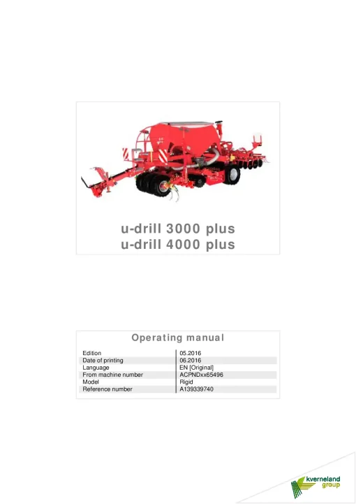 Kverneland u-drill 3000 -4000 Plus Seeding combination Integrated 2016 Operation Maintenance Manual PDF download