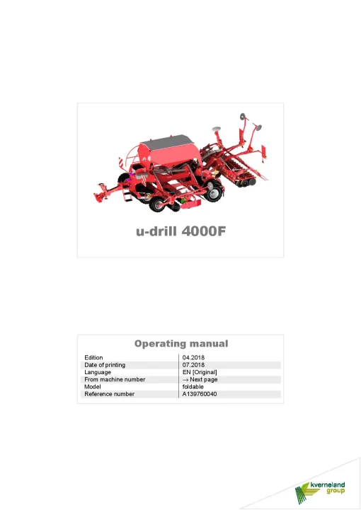 Kverneland u-drill 4000F Seeding combination Integrated 2018 Operation Maintenance Manual PDF download