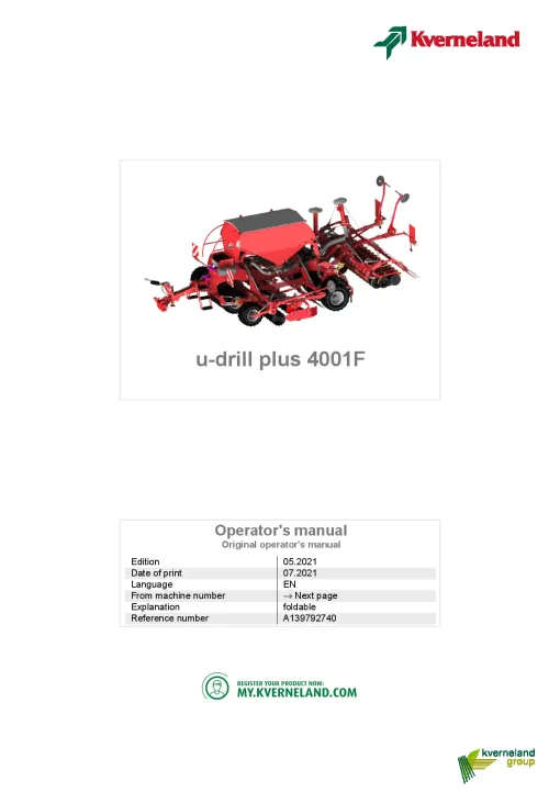 Kverneland u-drill 4001F Plus Seeding combination Integrated 2021 Operation Maintenance Manual PDF download