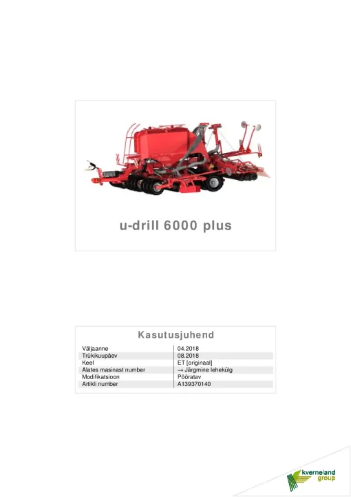 Kverneland u-drill 6000 Plus Seeding combination Integrated 2018 Operation Maintenance Manual PDF download