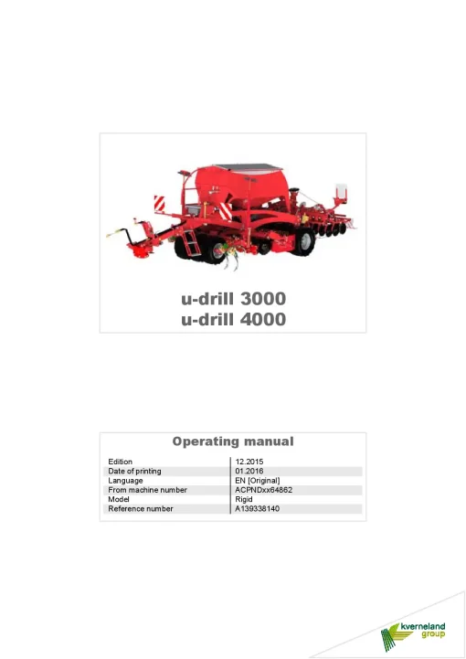 Kverneland u-drill plus 3000-4000 Seeding combination Integrated 2015 EN Operation Maintenance Manual PDF download