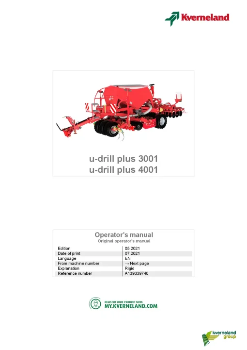 Kverneland u-drill plus 3001-4001 Seeding combination Integrated 2021 Operation Maintenance Manual PDF download