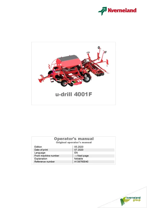 Kverneland u-drill plus 4001F Seeding combination Integrated 2020 Operation Maintenance Manual PDF download