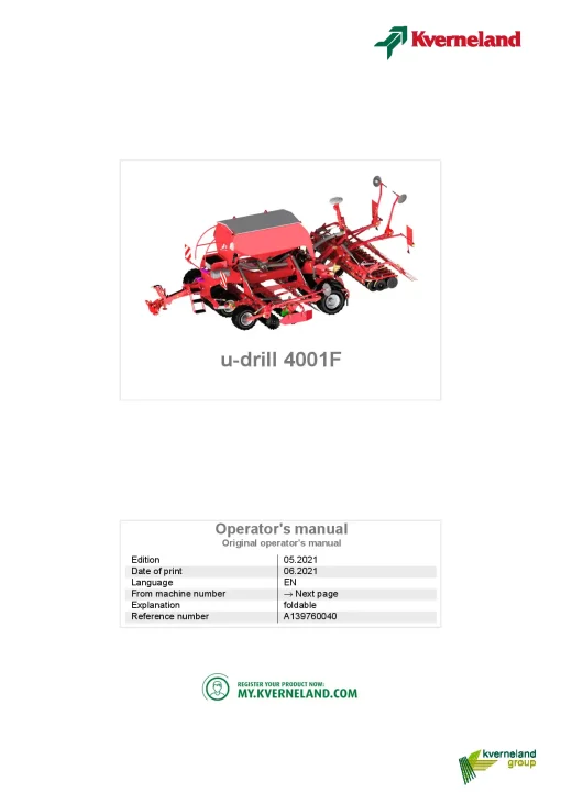 Kverneland u-drill plus 4001F Seeding combination Integrated 2021 Operation Maintenance Manual PDF download