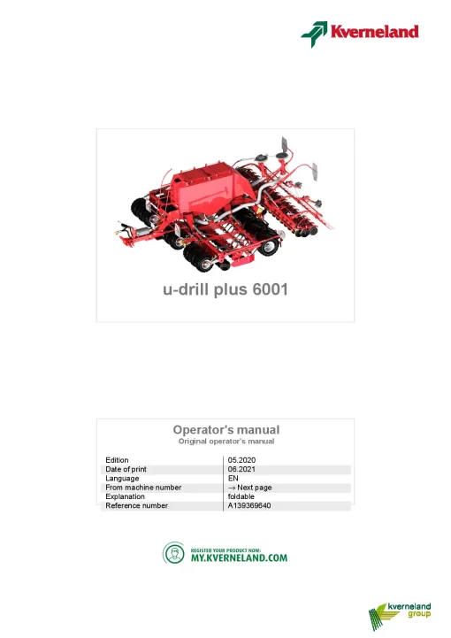 Kverneland u-drill plus 6001 Seeding combination Integrated 2021 Operation Maintenance Manual PDF download