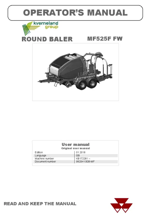 Massey Ferguson MF525F FW Baler-wrapper Round Fixed chamber 2018 Operation Maintenance Manual PDF download