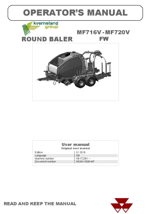Massey Ferguson MF716V-MF720V Flexiwrap Baler-wrapper Round Variable chamber 2018 Operation Maintenance Manual PDF download