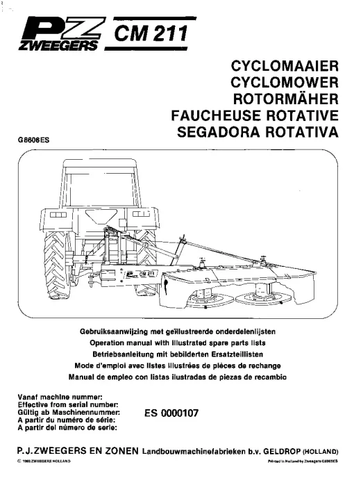 PZ PZ Zweegers Greenland CM 211 Cyclomower 1984-G8606ES Operation Maintenance and Parts Manual PDF download