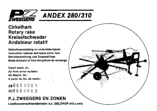 PZ Zeegers Andex 280 310 Rotary Rake 1980 Operation Maintenance and Parts Manual PDF download