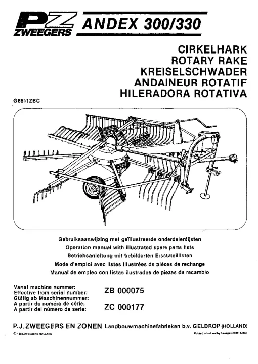 PZ Zweegers Andex 300 330 Rotary Rake 1986 Operation Maintenance and Parts Manual PDF download