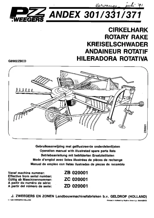 PZ Zweegers Andex 301 331 371 Rotary Rake 1989 Operation Maintenance and Parts Manual PDF download