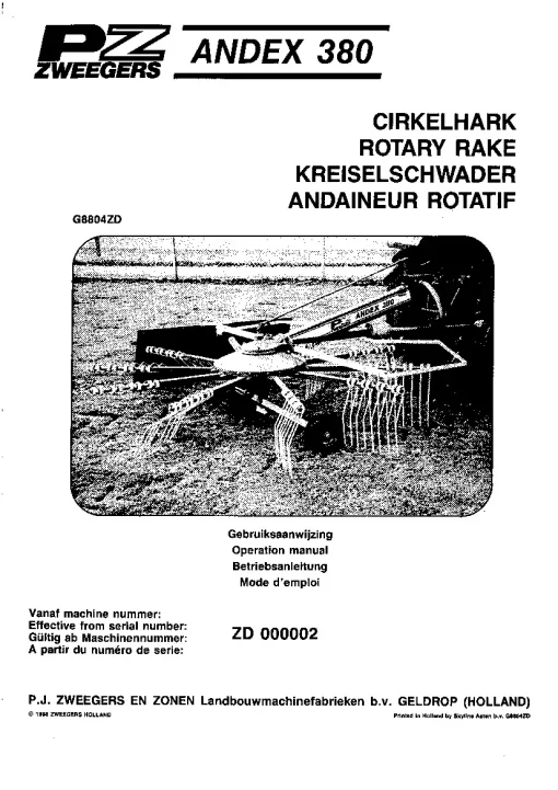 PZ Zweegers Andex 380 Rotary Rake 1988 Operation Maintenance and Parts Manual PDF download