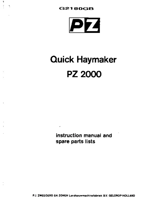 PZ Zweegers Andex PZ 2000 Quick Haymaker Operation Maintenance and Parts Manual PDF download