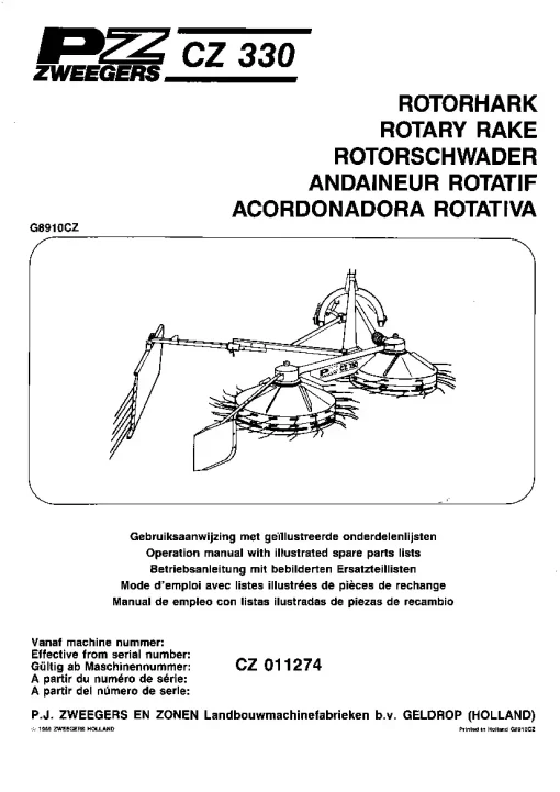 PZ Zweegers CZ 330 Rotary Rake 1989 Operation Maintenance and Parts Manual PDF download