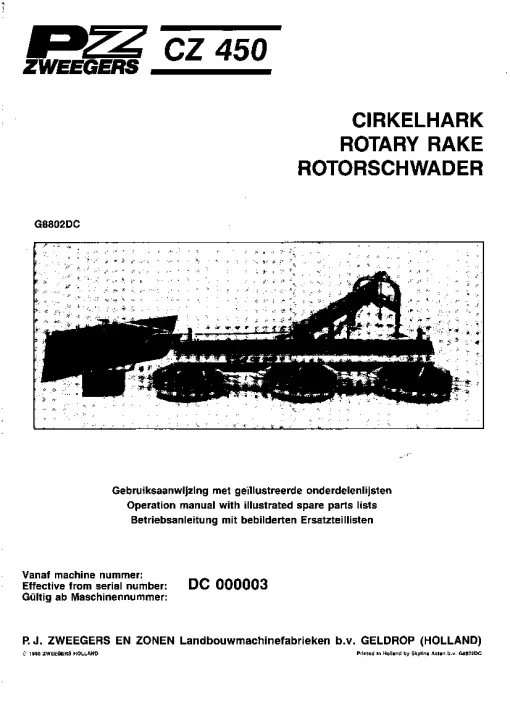 PZ Zweegers CZ 450 Rotary Rake 1988 Operation Maintenance and Parts Manual PDF download