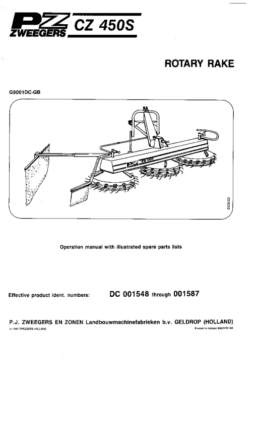 PZ Zweegers CZ 450S Rotary Rake 1990 Operation Maintenance and Parts Manual PDF download