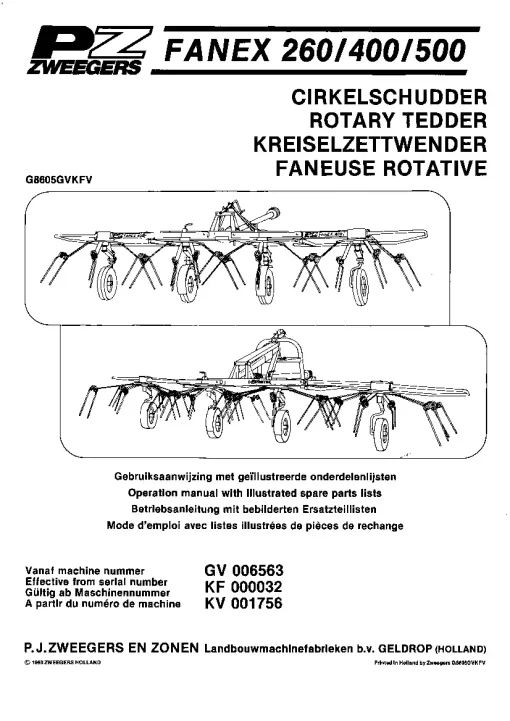 PZ Zweegers FANEX 260 400 500 Rotary Tedder 1986 Operation Maintenance and Parts Manual PDF download