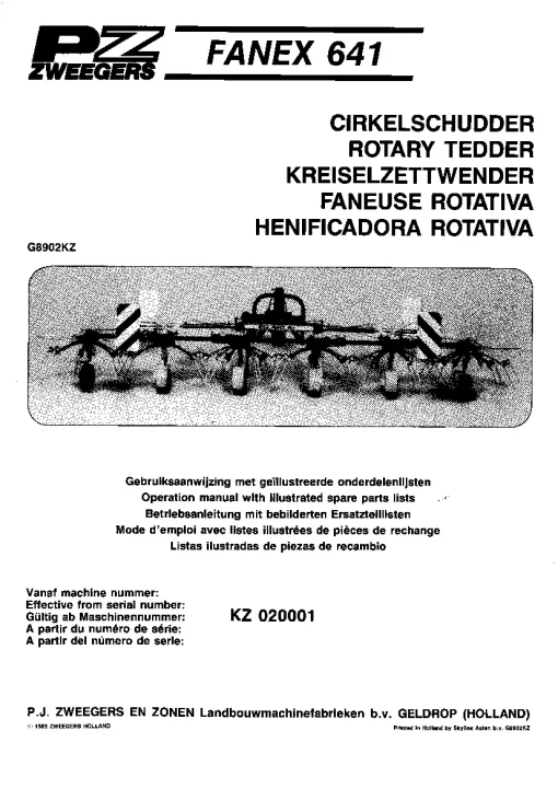 PZ Zweegers FANEX 641 Rotary Tedder 1989 Operation Maintenance and Parts Manual PDF download