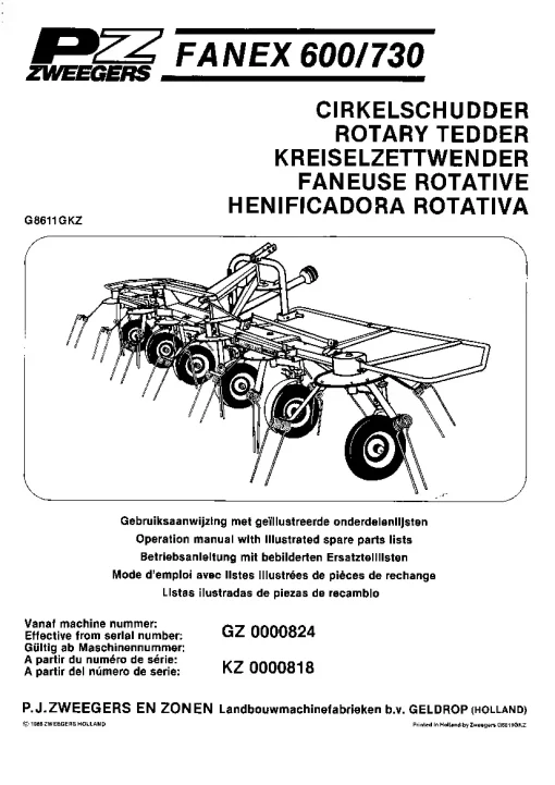 PZ Zweegers Fanex 600 730 Rotary Tedder 1986 Operation Maintenance and Parts Manual PDF download