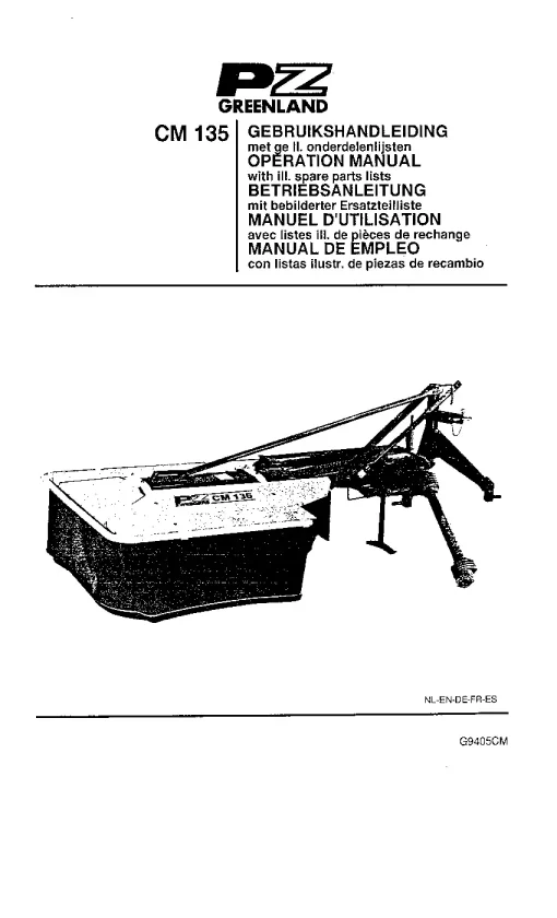 PZ Zweegers Greenland CM 135 Mower Conditioner 1994 Operation Maintenance and Parts Manual PDF download
