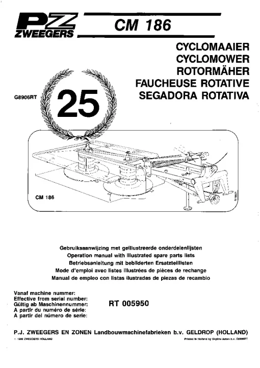 PZ Zweegers Greenland CM 168 CycloMower Operation Maintenance and Parts Manual PDF download
