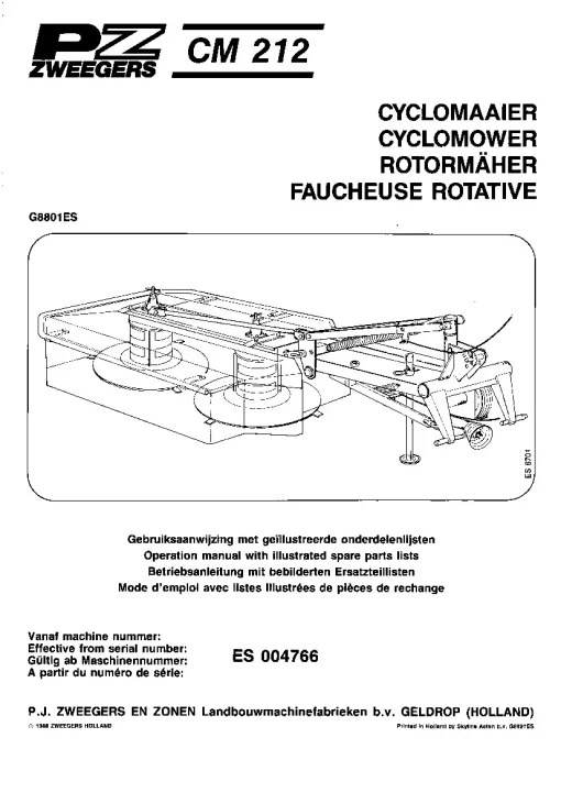 PZ Zweegers Greenland CM 212 Cyclomower 1988 Operation Maintenance and Parts Manual PDF download
