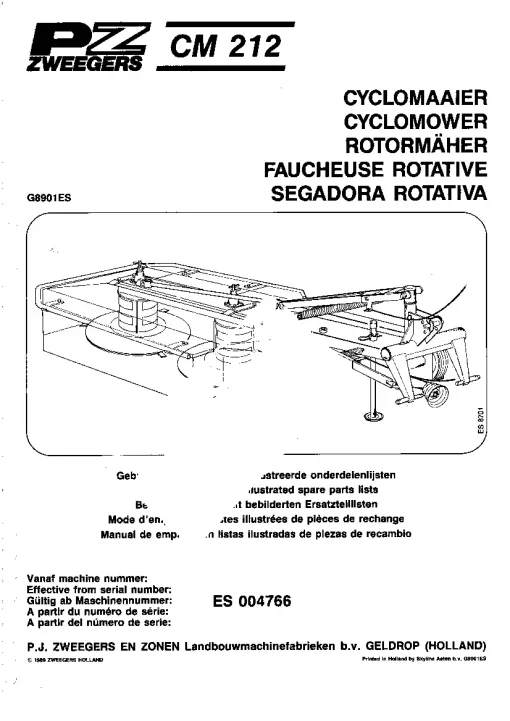 PZ Zweegers Greenland CM 212 Cyclomower 1989 Operation Maintenance and Parts Manual PDF download