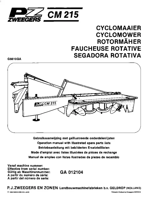 PZ Zweegers Greenland CM 215 Cyclomower 1986 Operation Maintenance and Parts Manual PDF download