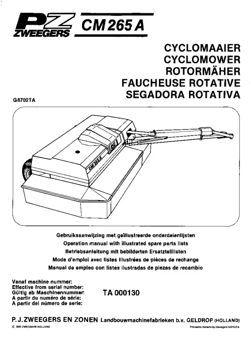 PZ Zweegers Greenland CM 265A Mower Conditioner 1987 Operation Maintenance and Parts Manual PDF download