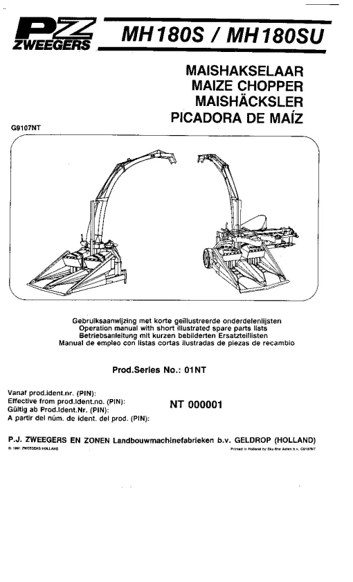 PZ Zweegers Greenland MH 180S (U) Maize choppers 1991 Operation Maintenance and Parts Manual PDF download