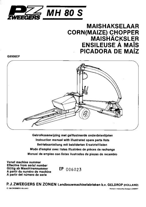 PZ Zweegers Greenland MH 80S Maize choppers 1985 Operation Maintenance and Parts Manual PDF download