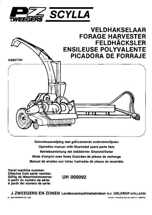 PZ Zweegers Greenland SCYLLA Maize choppers 1988- G8807UH Operation Maintenance and Parts Manual PDF download