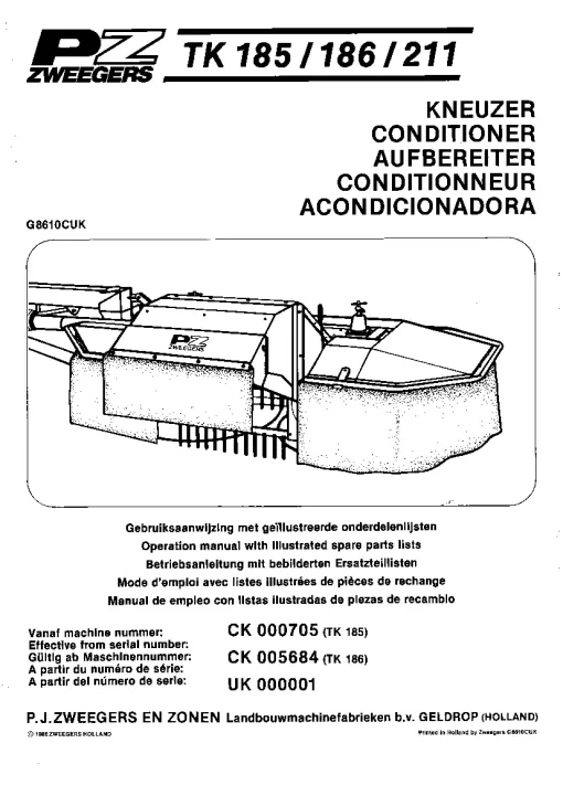 PZ Zweegers Greenland TK 185 186 211 Conditioners Rear mounted 1986 Operation Maintenance and Parts Manual PDF download