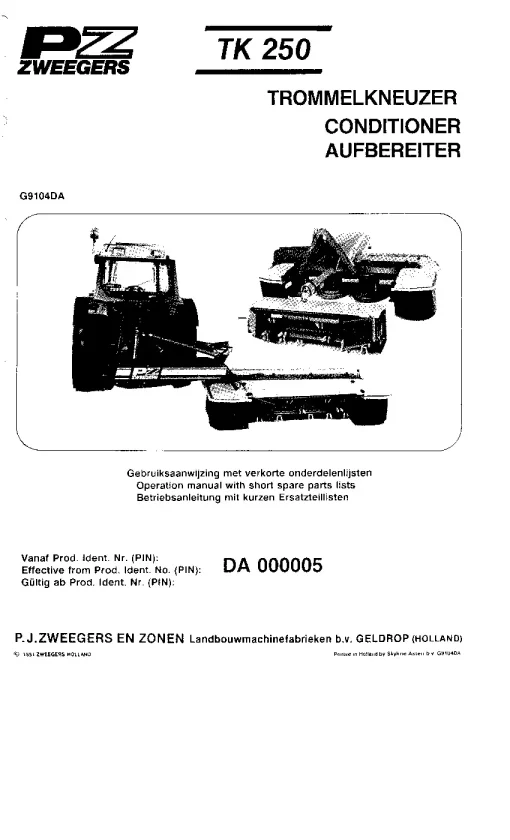 PZ Zweegers Greenland TK 250 Conditioners Rear mounted Operation Maintenance and Parts Manual PDF download