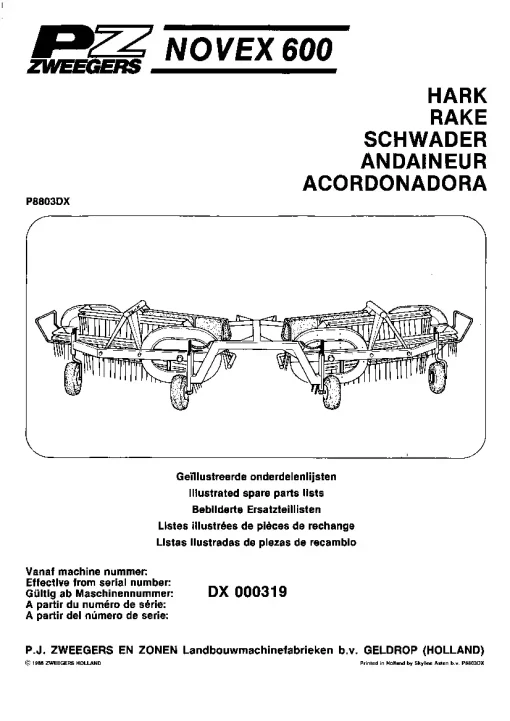 PZ Zweegers NOVEX 600 Rake 1988 Operation Maintenance and Parts Manual PDF download